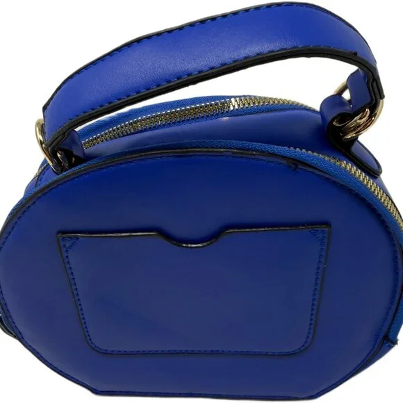 NY Logo Round Handbag Blue Gold Floral Accent Purse - Picture 5 of 6